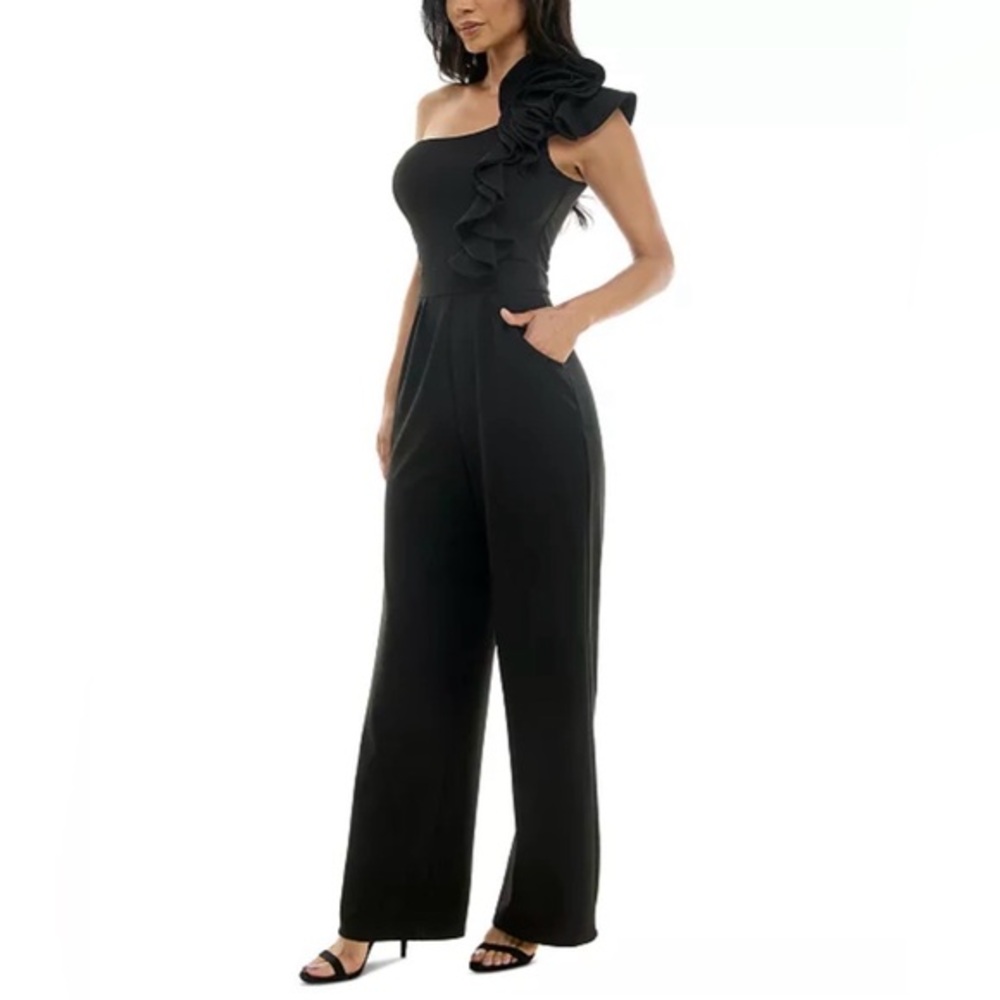 Emerald Sundae Womens Asymmetric-Neck One-Shoulder Black Ruffle Jumpsuit XXS New